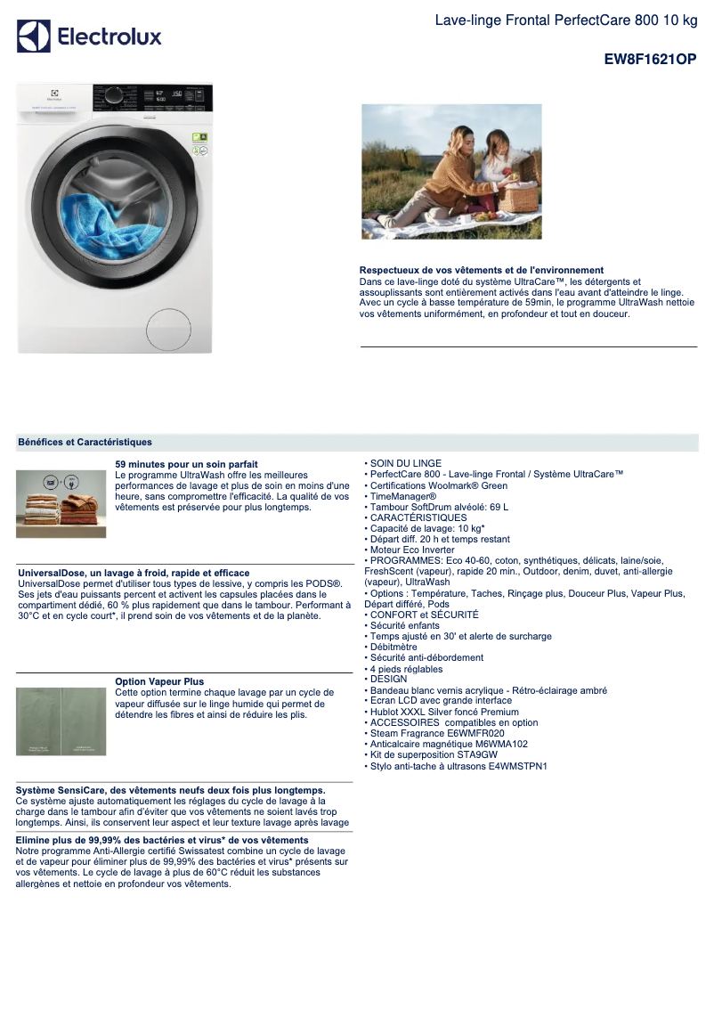 Page 1 of the manual Technical Sheet Electrolux EW8F1621OP