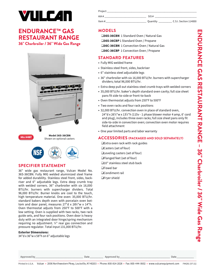 Page 1 of the manual Technical Sheet Vulcan 36C-36CB