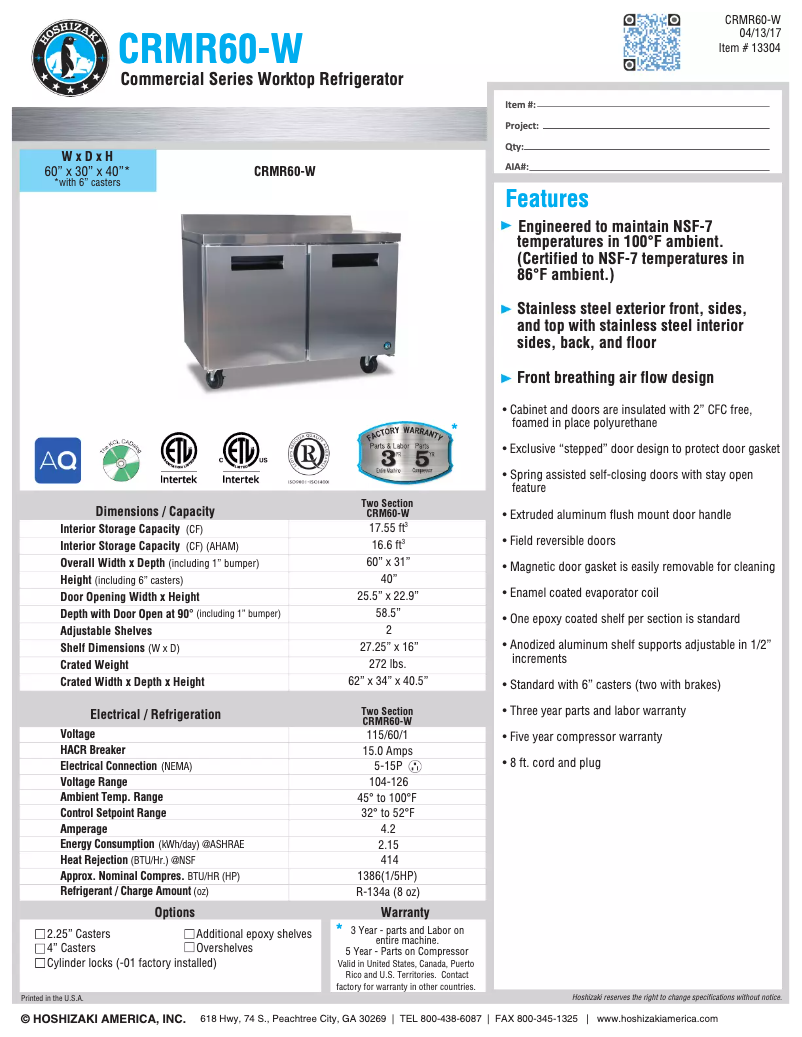 Page 1 of the manual Technical Sheet Hoshizaki CRMR60-W