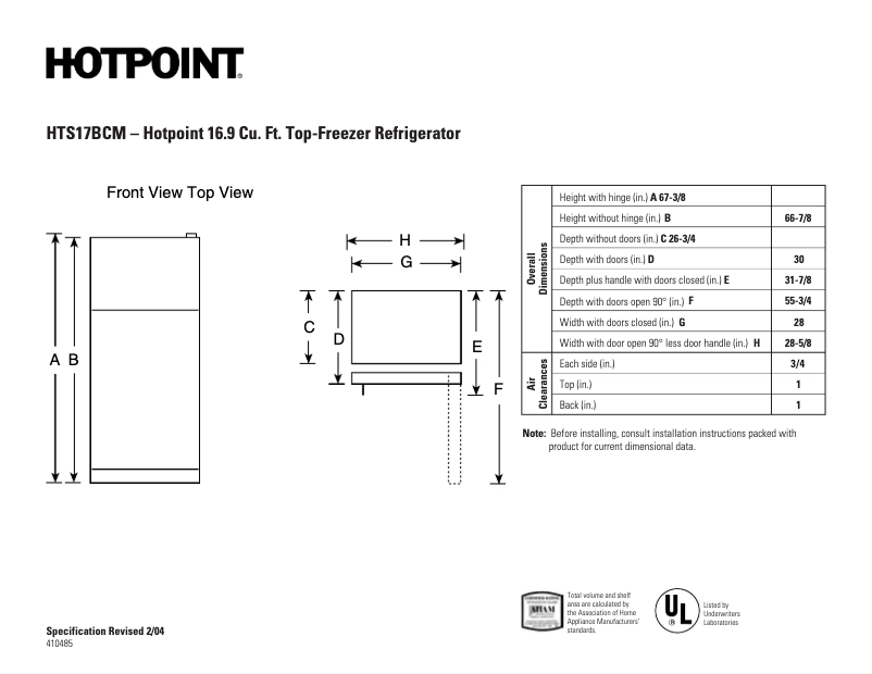 Page 1 of the manual Technical Sheet Hotpoint HTS17BCMRCC