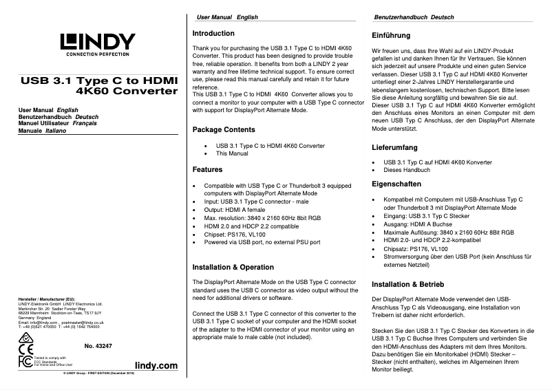 Page 1 of the manual User Manual Lindy 43247