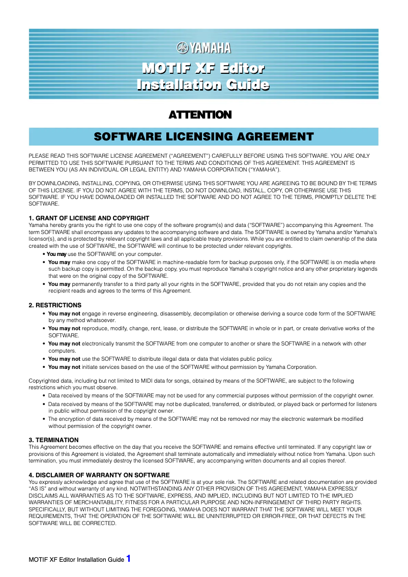 Page 1 of the manual Installation Guide Yamaha Motif XF6