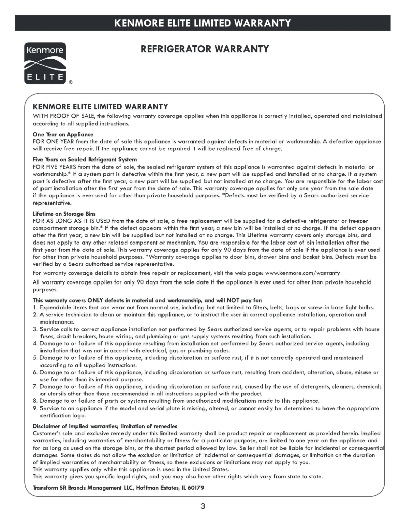 Page 1 of the manual Warranty Information Kenmore Elite 73335