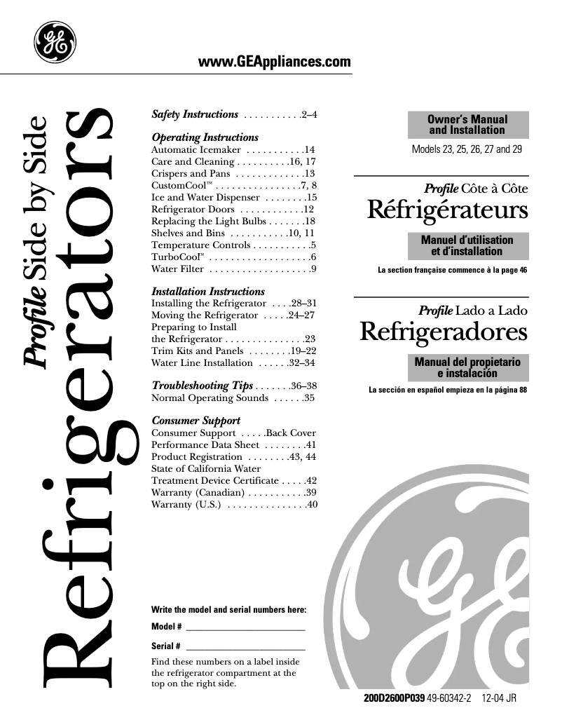 First page image of the manual for Profile PSS26NGPCC