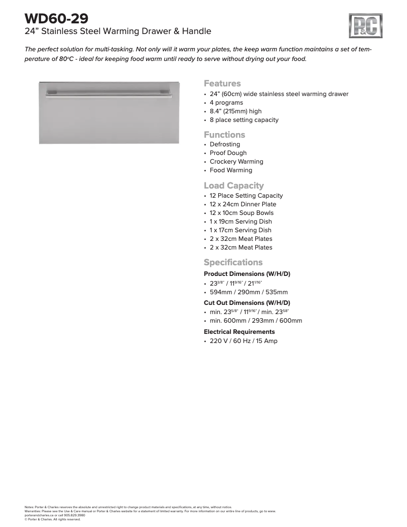 Page 1 of the manual Technical Sheet Porter & Charles WD60-29