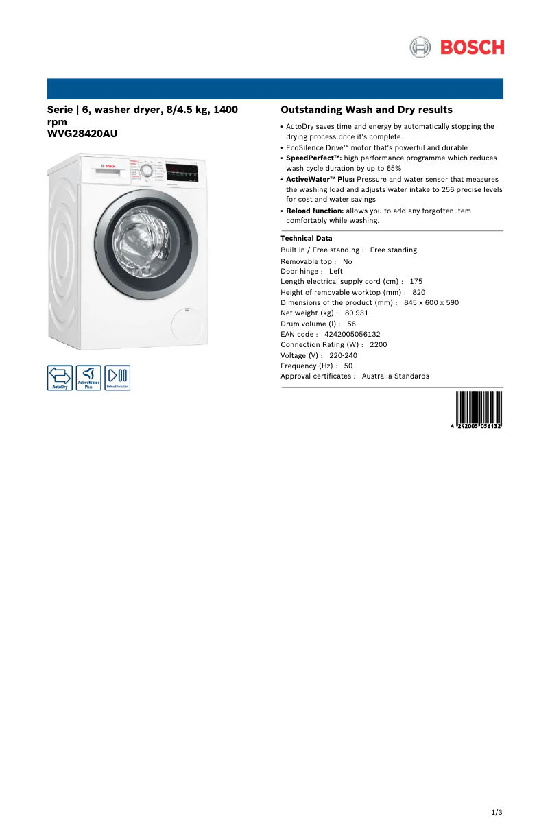 Page 1 of the manual Technical Sheet Bosch WVG28420AU