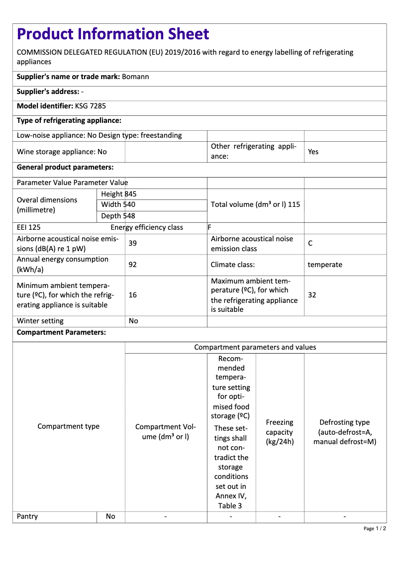 Page 1 of the manual Technical Sheet Bomann KSG 7285