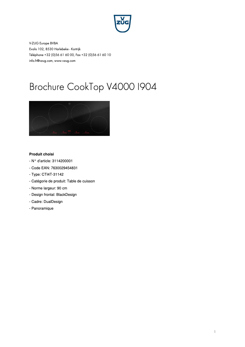 Page 1 of the manual Brochure V-Zug CookTop V4000 I904