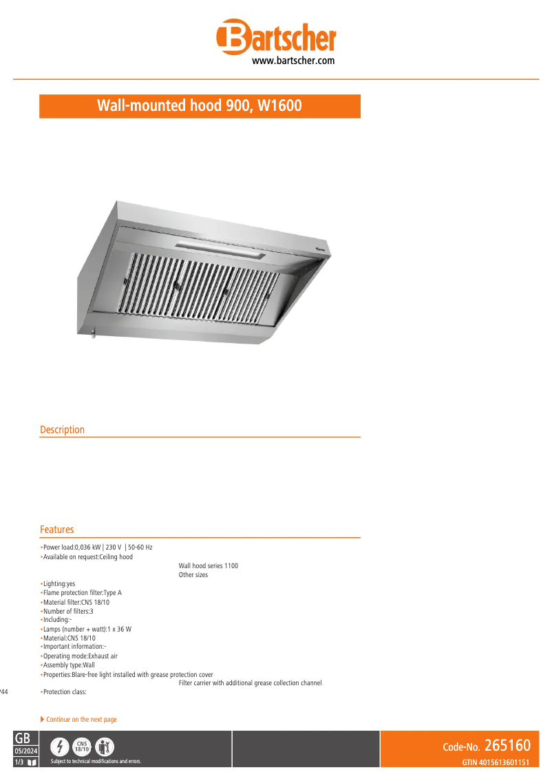 Page 1 de la notice Fiche technique Bartscher 265160