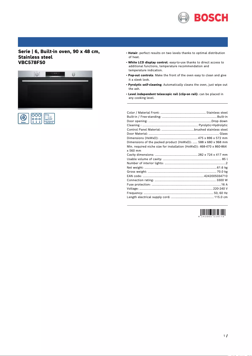 Page 1 of the manual Technical Sheet Bosch VBC578FS0