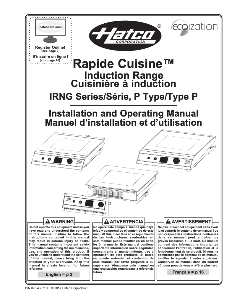 Page 1 of the manual User Manual Hatco Rapide Cuisine IRNG-PB1-36