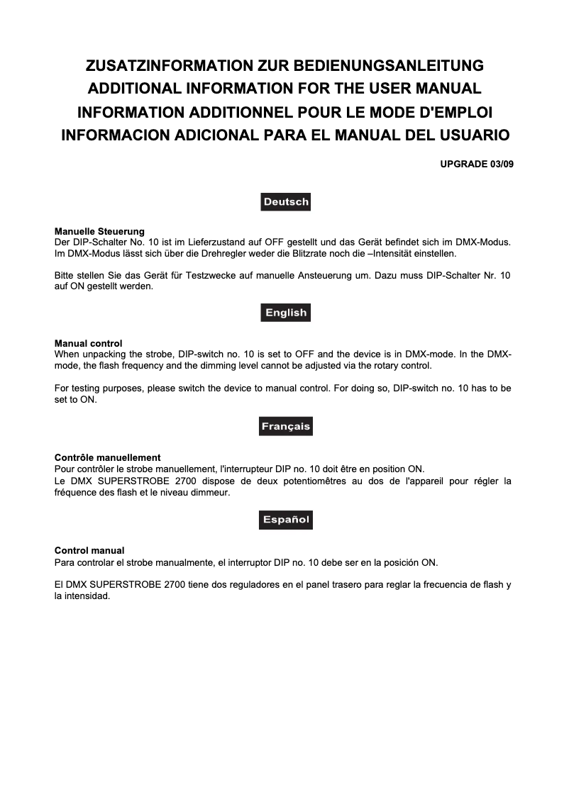 First page image of the manual for DMX Superstrobe 2700