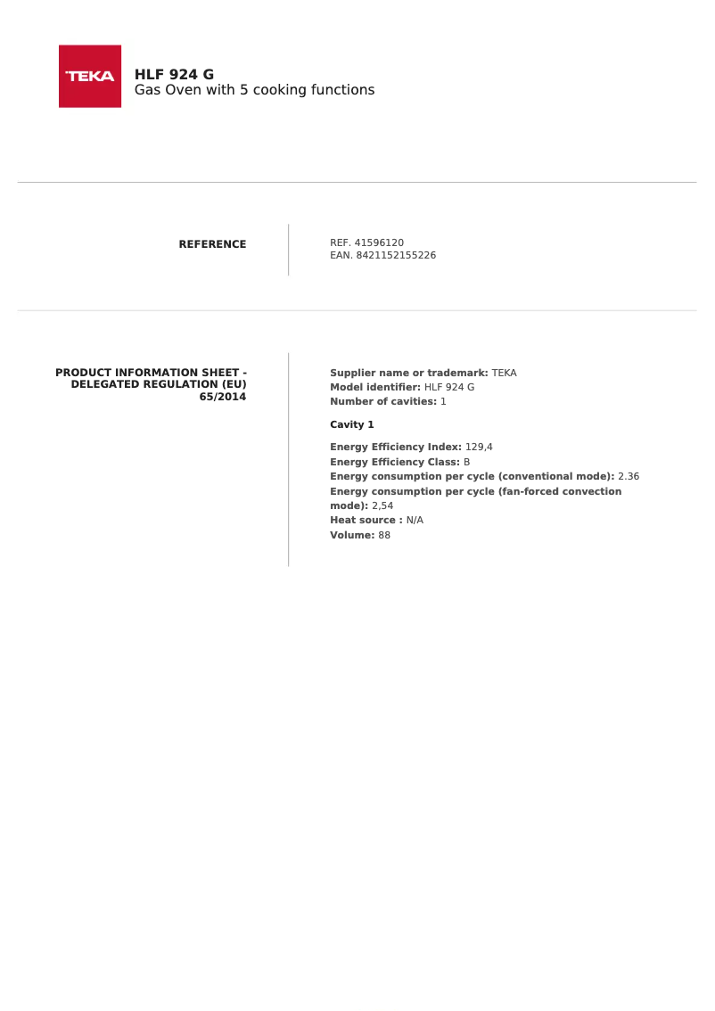 Page 1 of the manual Technical Sheet Teka HLF 924