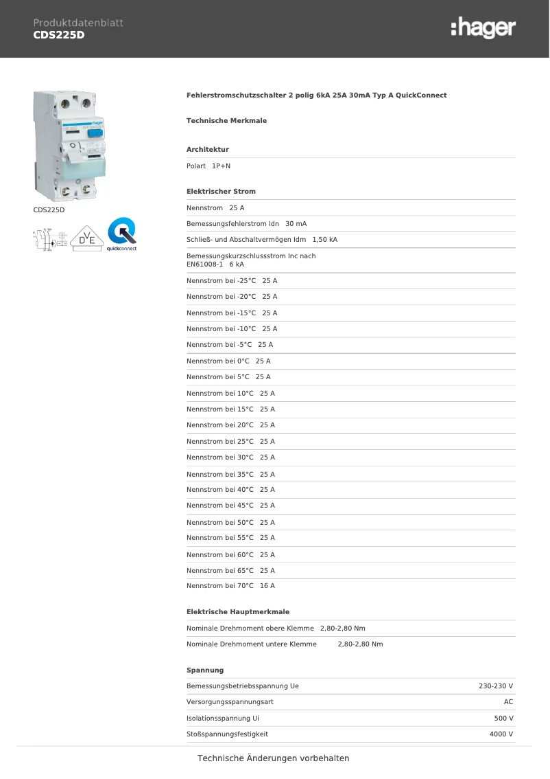 Page 1 of the manual User Manual Hager CDS225D
