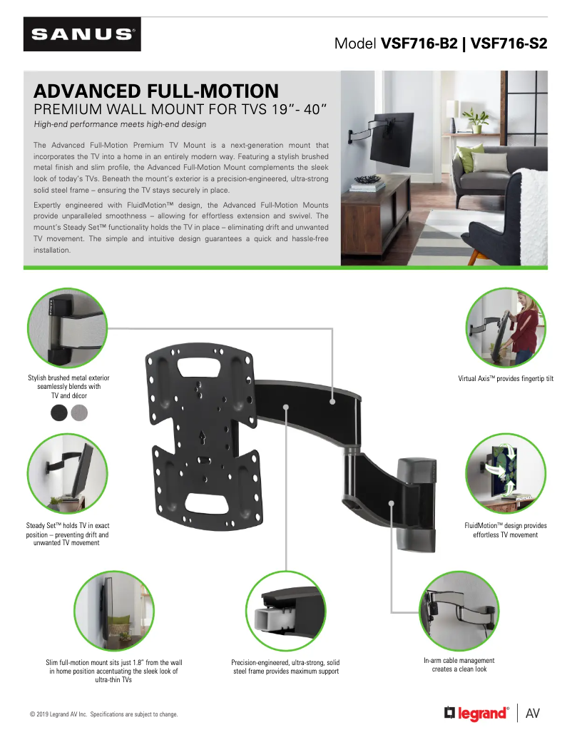 Page 1 of the manual Technical Sheet Sanus VSF716-B2
