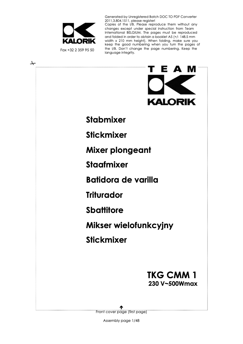 First page image of the manual for TKG CMM 1