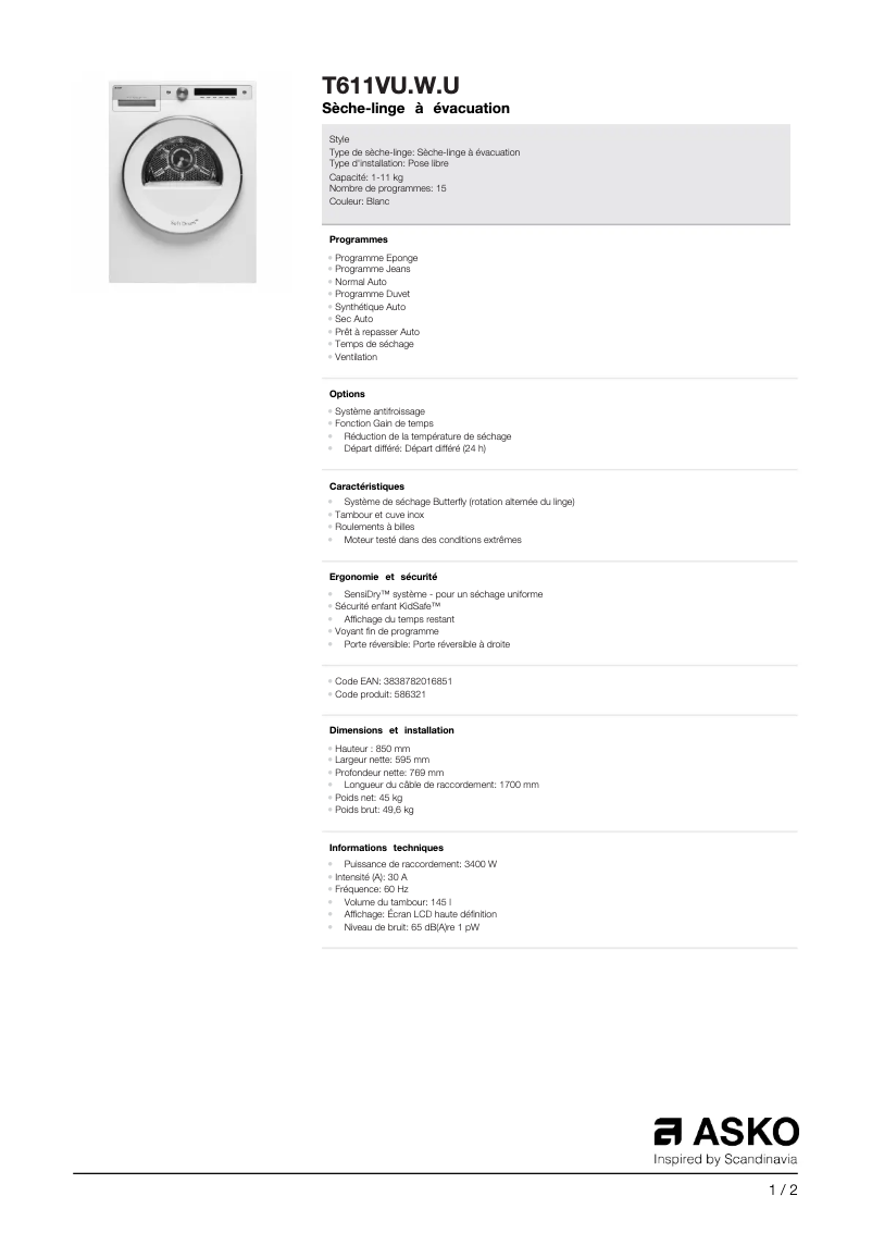Page 1 of the manual Technical Sheet Asko T611VU.W.U