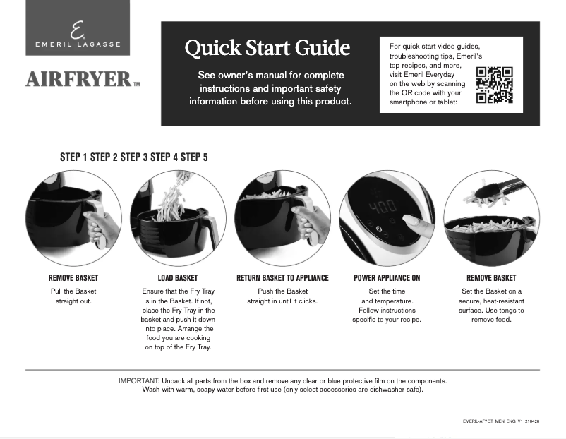 Page 1 of the manual Quick Start Guide Emeril Lagasse AirFryer GLA-502