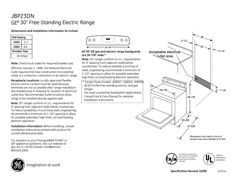 Page 1 of the manual Technical Sheet GE JBP23DNCC