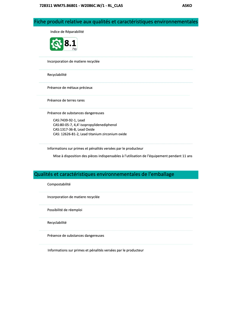 Page 1 of the manual Technical Sheet Asko W2086CW1