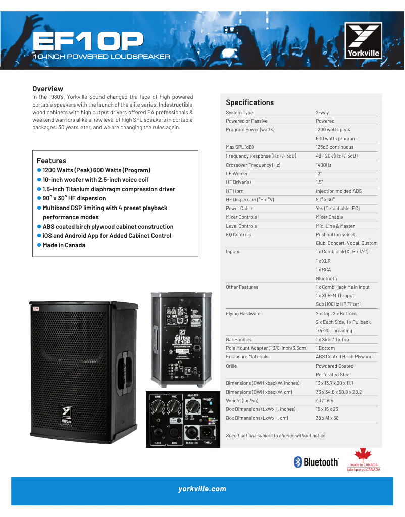 Page 1 de la notice Fiche technique Yorkville Elite EF10P