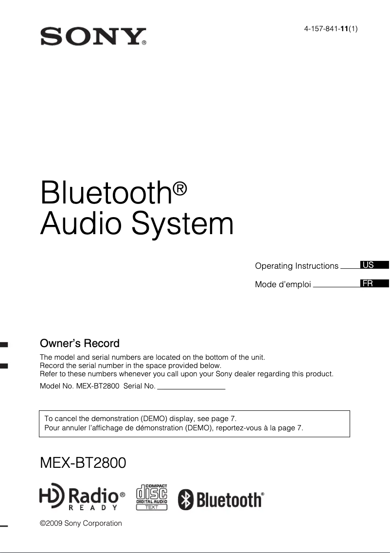 Page 1 of the manual User Manual Sony MEX-BT2800