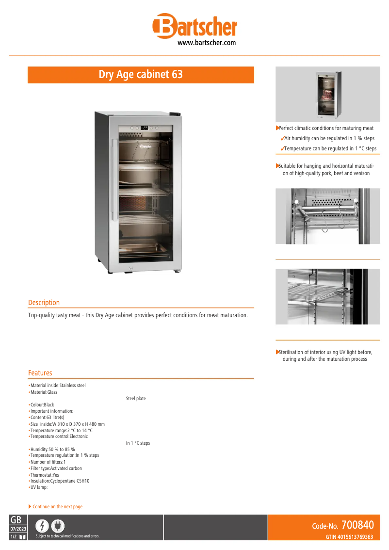 Page 1 of the manual Technical Sheet Bartscher Dry Age cabinet 63