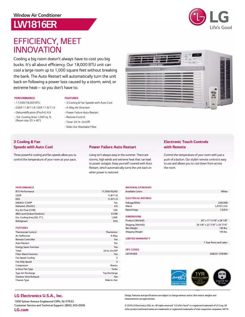 First page image of the manual for LW1816ER