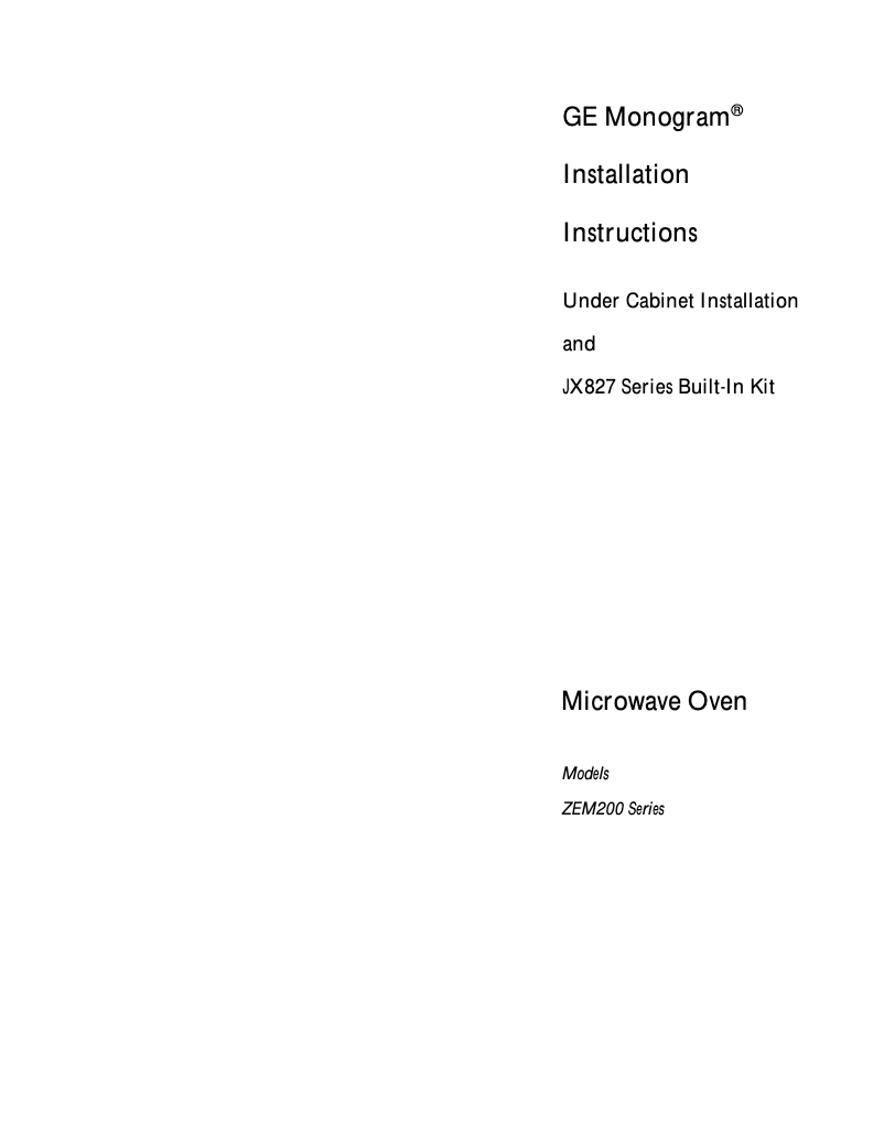 Page 1 of the manual Installation Guide GE ZEM200GY