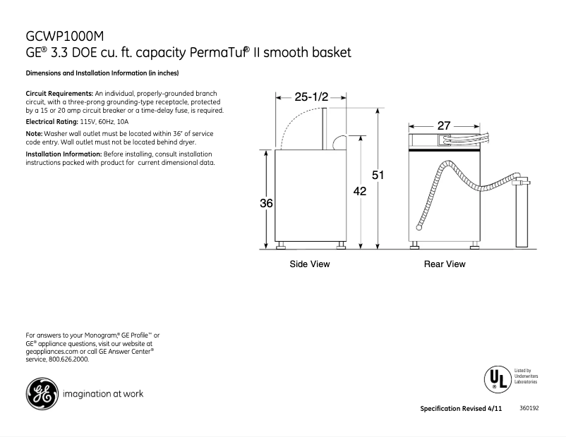 Page 1 of the manual Technical Sheet GE GCWP1000MWW