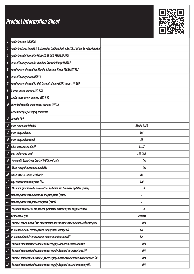 Page 1 of the manual Technical Sheet Arçelik MONACO 65 GHQ 9550A
