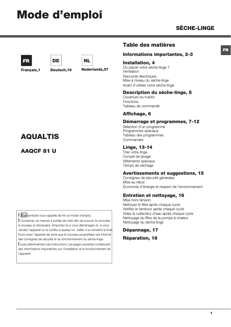 First page image of the manual for AAQCF 81 U