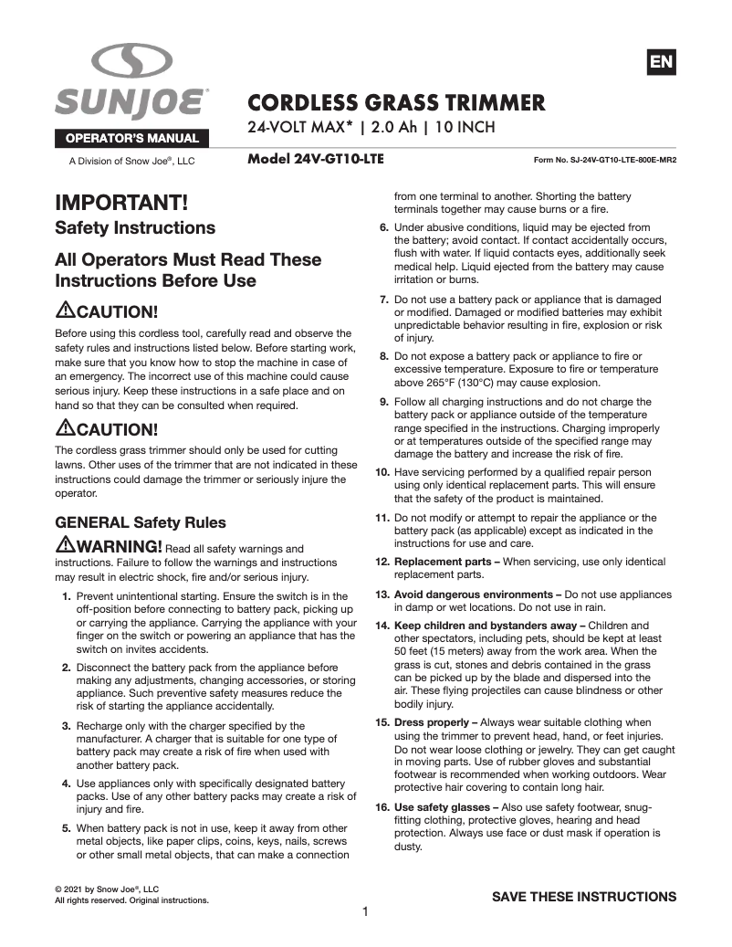Page 1 of the manual User Manual Sun Joe 24V-GT10-LTE
