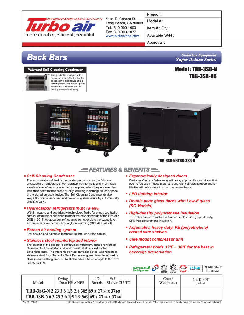 Page 1 of the manual Technical Sheet Turbo air TBB-3SG