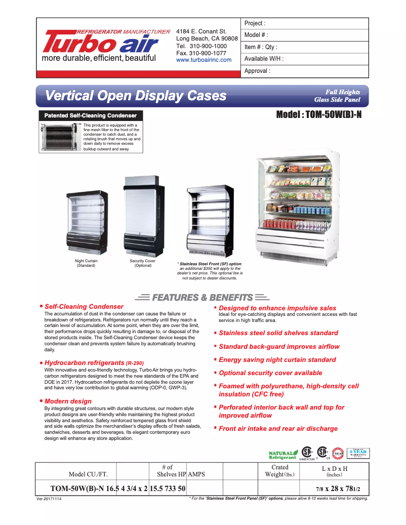 Page 1 of the manual Technical Sheet Turbo air TOM-50