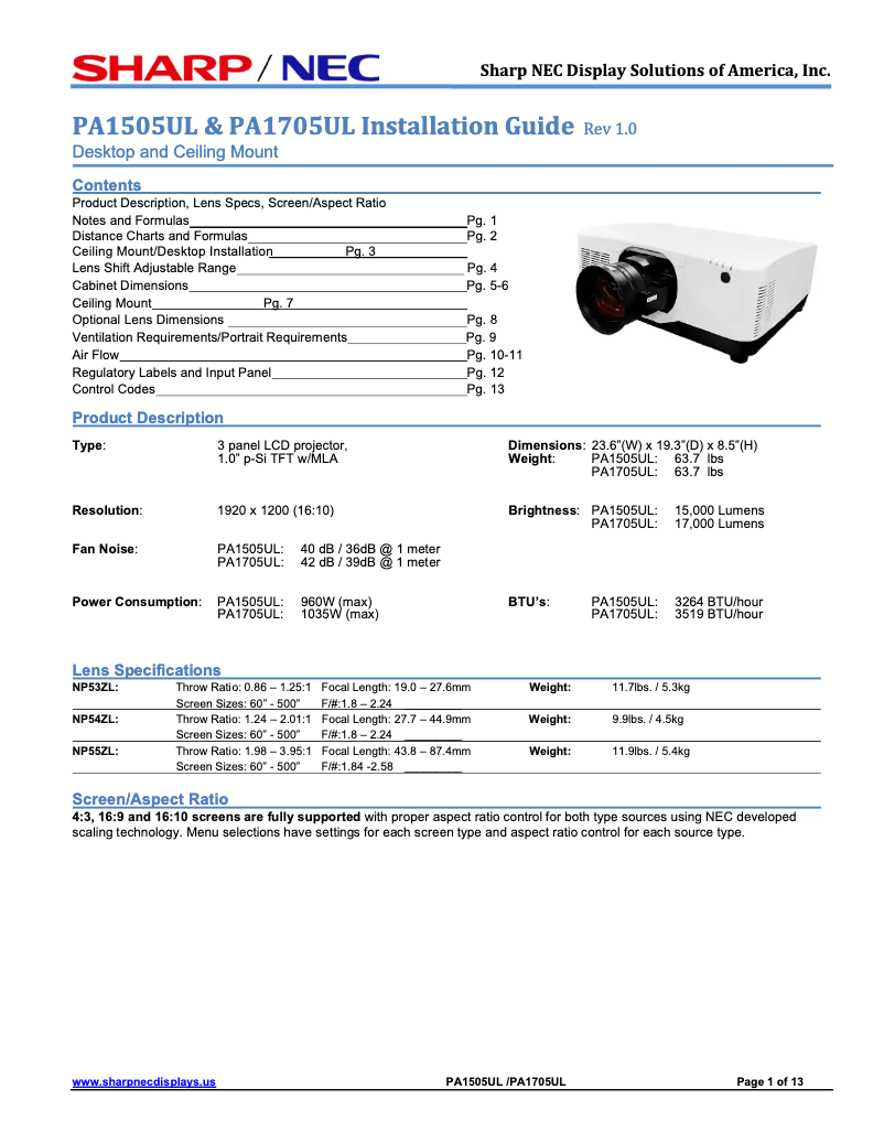 First page image of the manual for PA1505UL