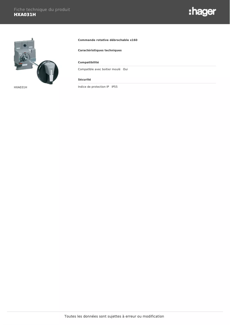 Page 1 of the manual Technical Sheet Hager HXA031H