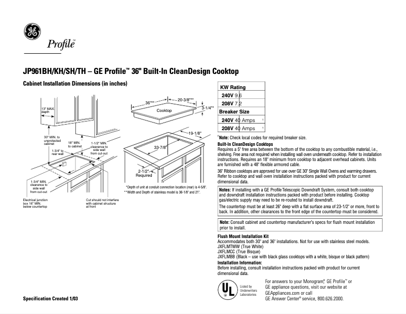 Page 1 of the manual Technical Sheet GE Profile JP961THWW