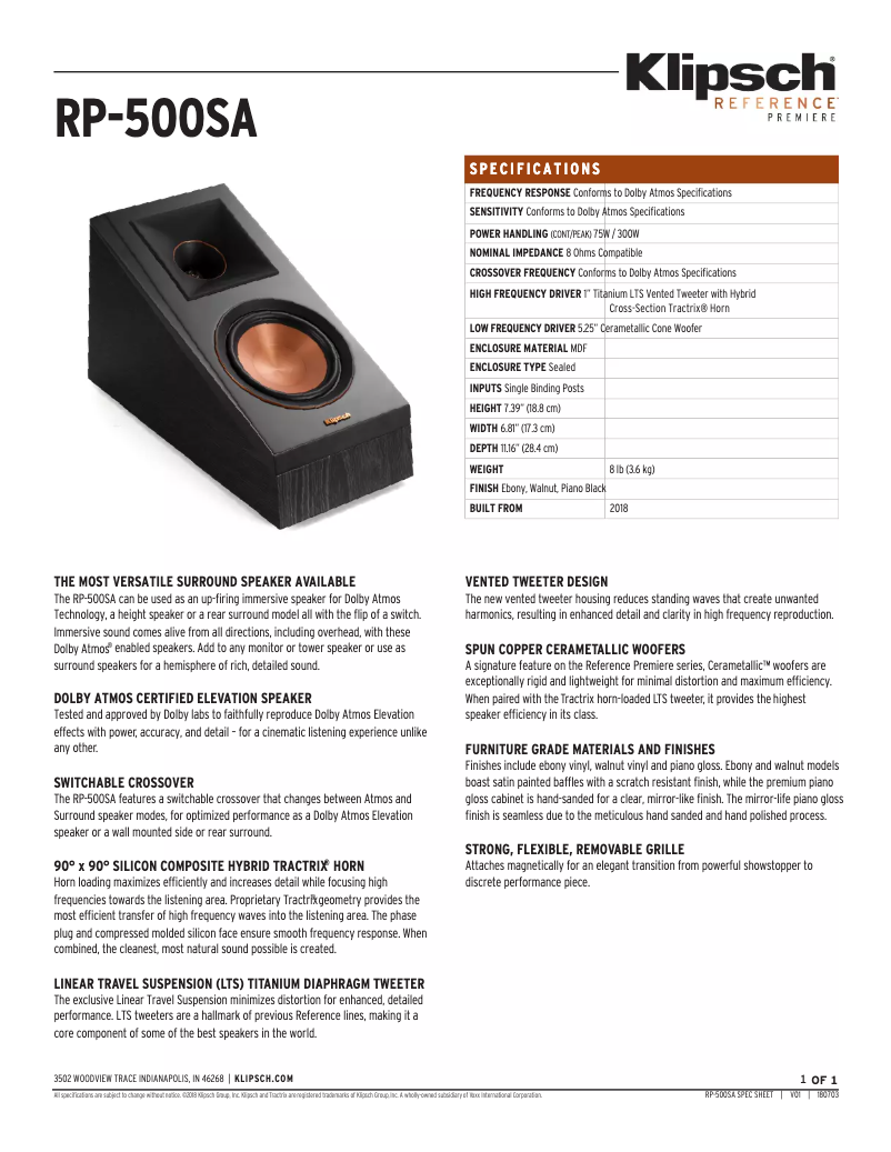 Page 1 of the manual Technical Sheet Klipsch Reference Premiere RP-500SA