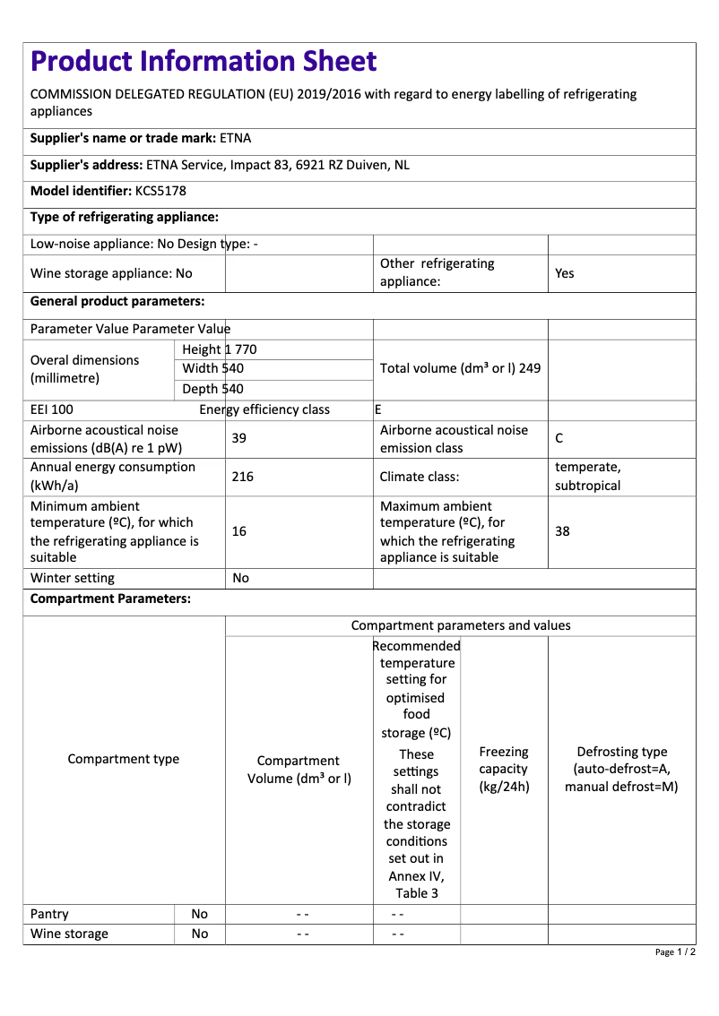 Page 1 of the manual Technical Sheet Etna KCS5178