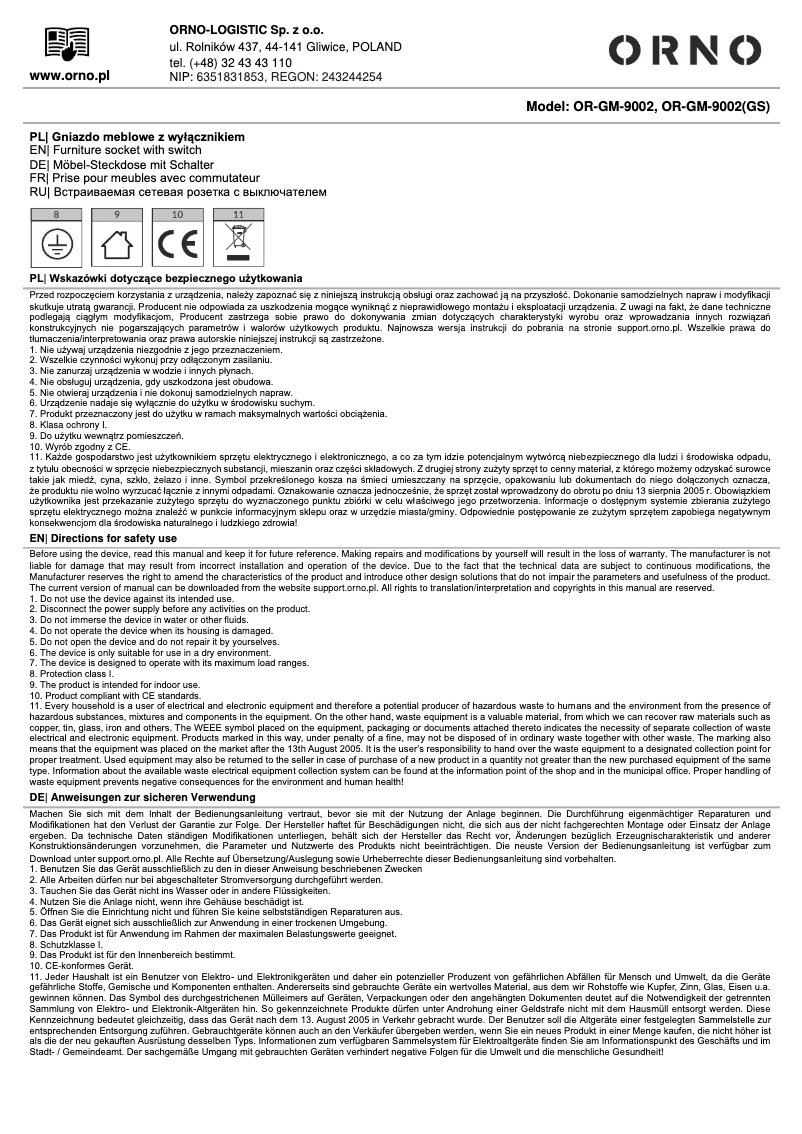 Page 1 of the manual User Manual ORNO OR-GM-9002