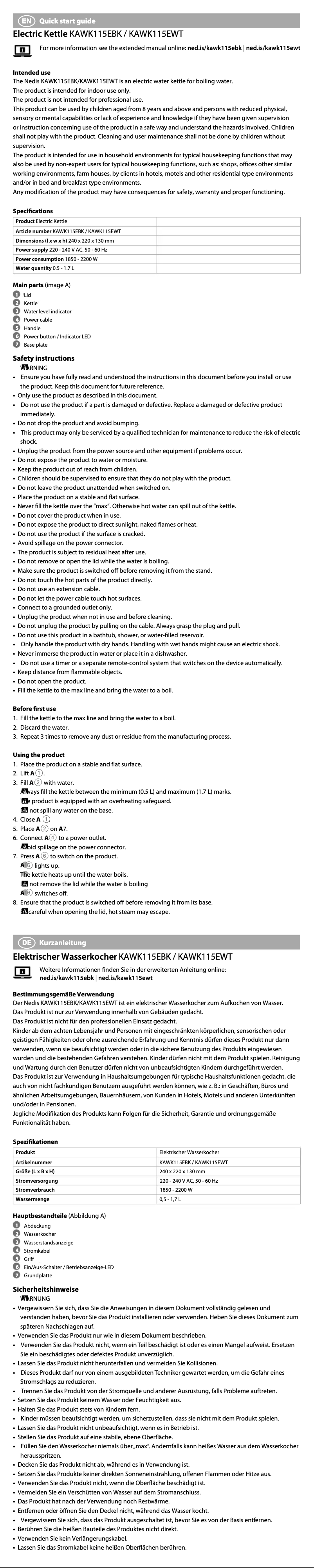 First page image of the manual for KAWK115EWT