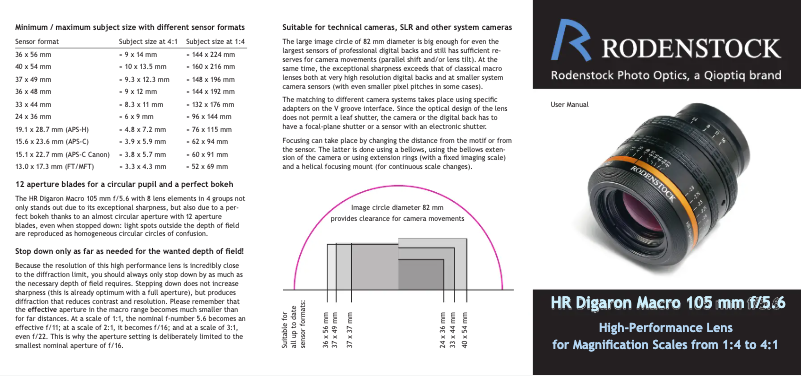 Page 1 of the manual User Manual Cambo HR Digaron Macro 105 mm f/5.6