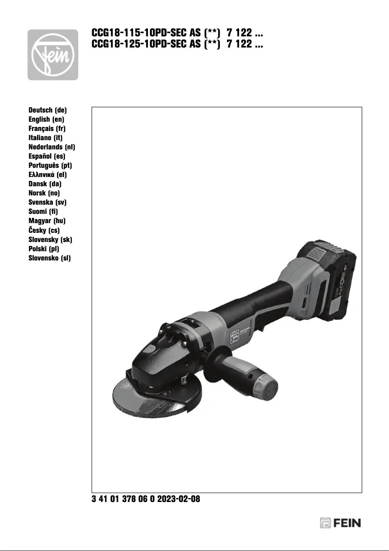 Page 1 of the manual User Manual Fein CCG 18-125-10 PD-SEC AS