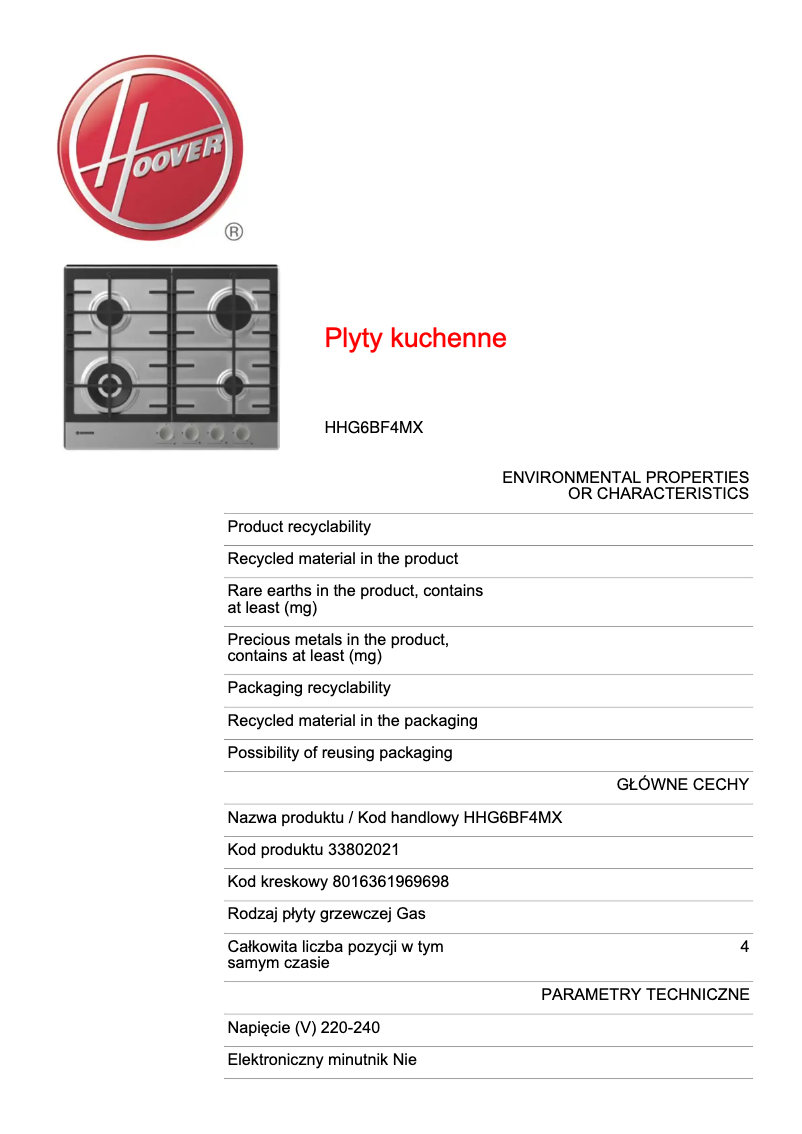 Page 1 of the manual Technical Sheet Hoover HHG6BF4MX