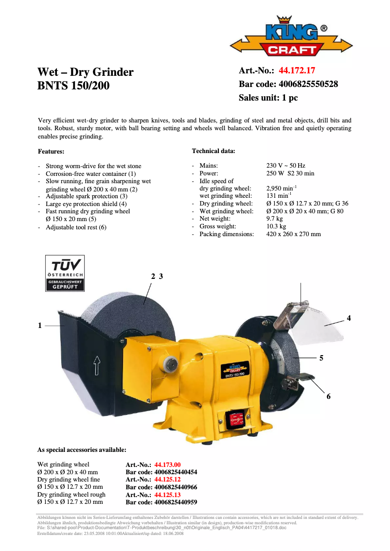 Page 1 of the manual Technical Sheet King Craft BNTS 150/200