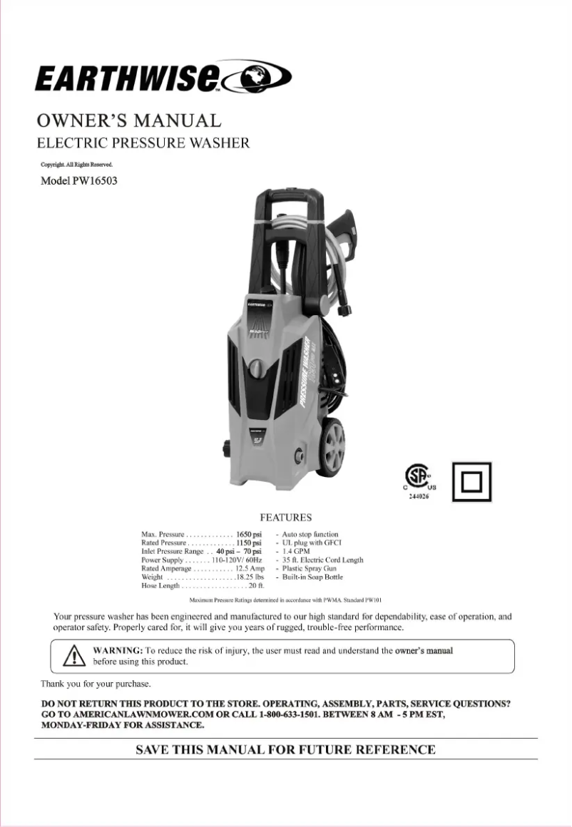 Page 1 of the manual User Manual Earthwise PW16503