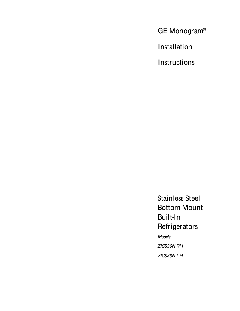 Page 1 of the manual Installation Guide GE ZICS36NARH