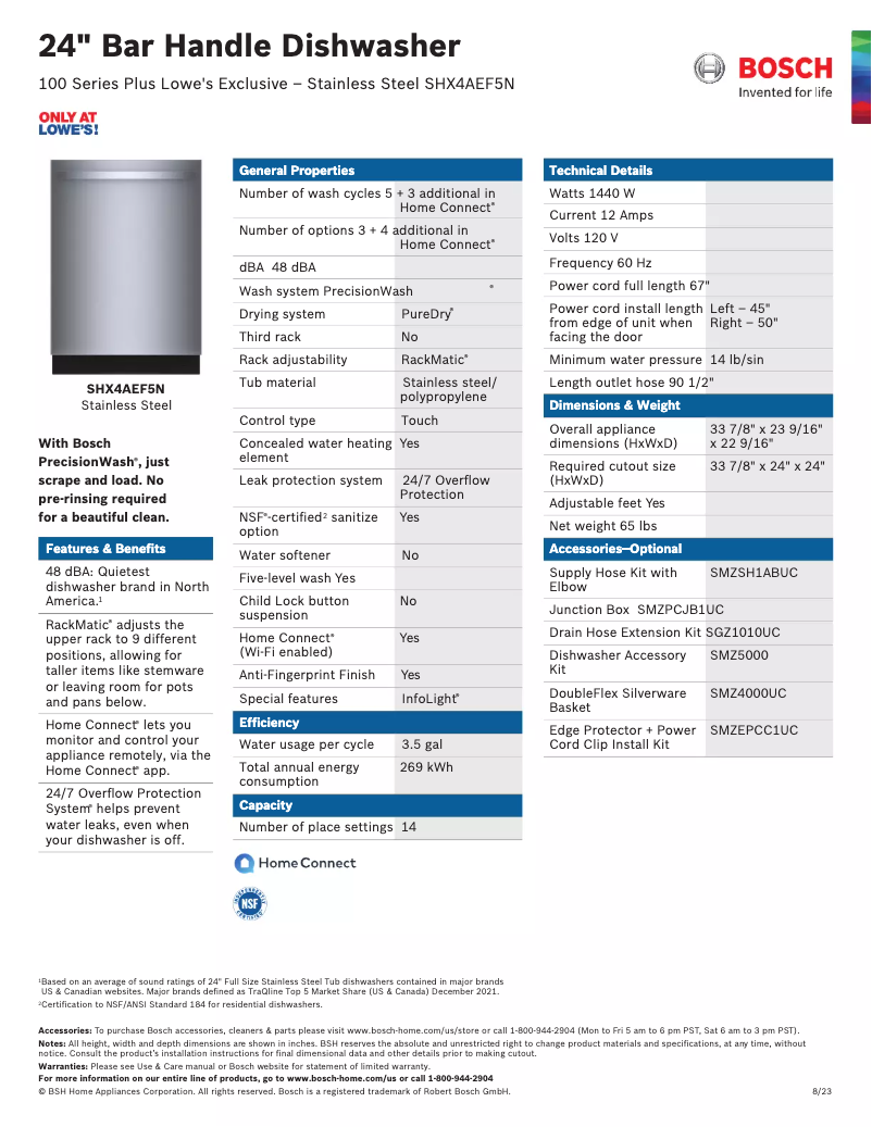 Page 1 of the manual Technical Sheet Bosch SHX4AEF5N