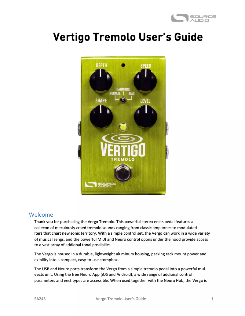 Page 1 of the manual User Manual Source Audio Vertigo Tremolo